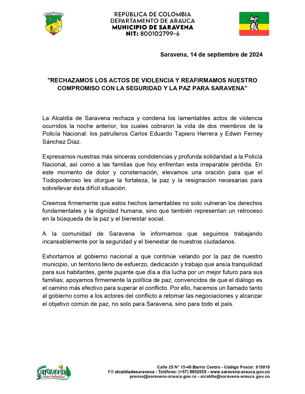 Comunicado Alcaldia de Saravena al aire noticias de arauca