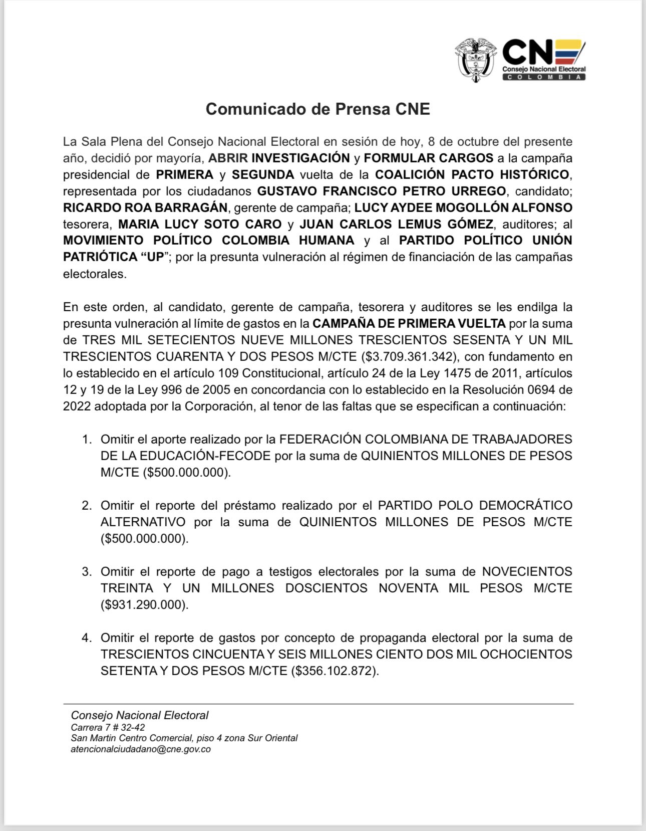 CNE formulo cargos a Petro COMUNICADO Al Aire Noticias noticias de arauca