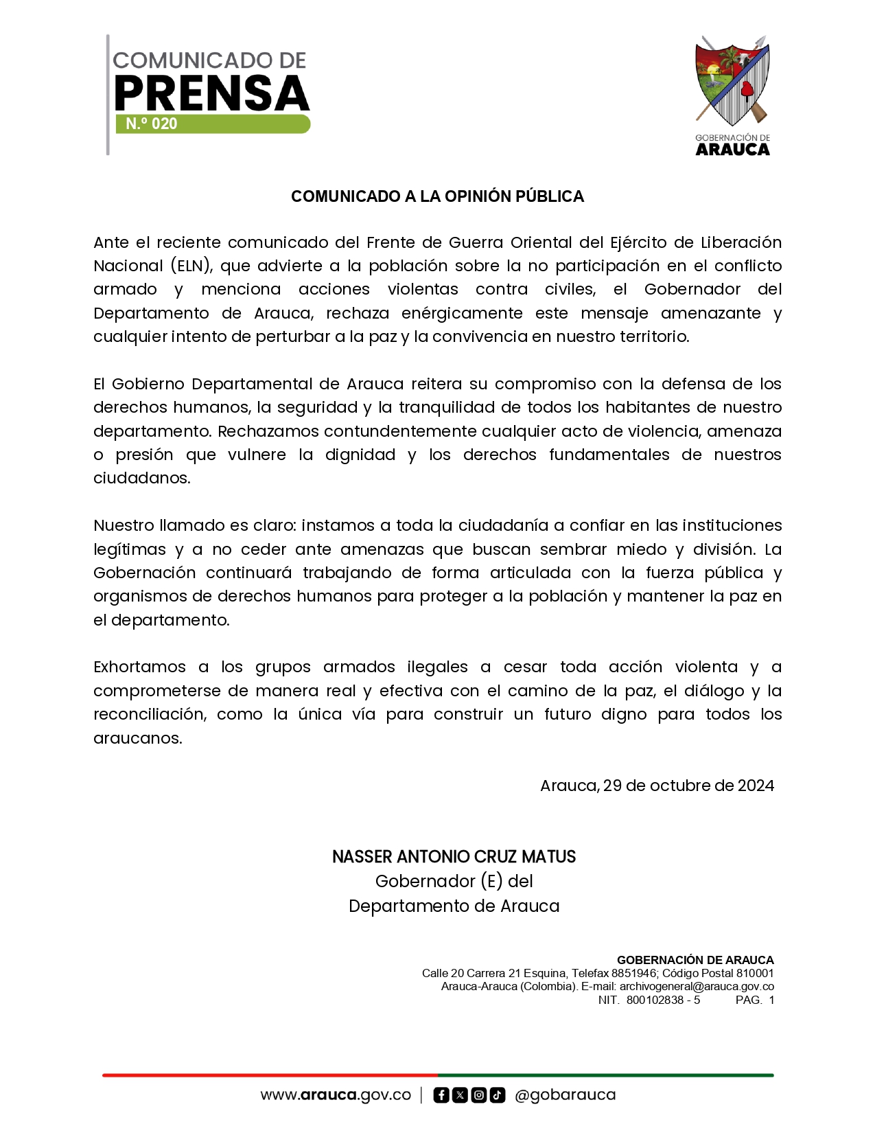 Comunicado de Prensa Externo Gobernador encargado page 0001 noticias de arauca