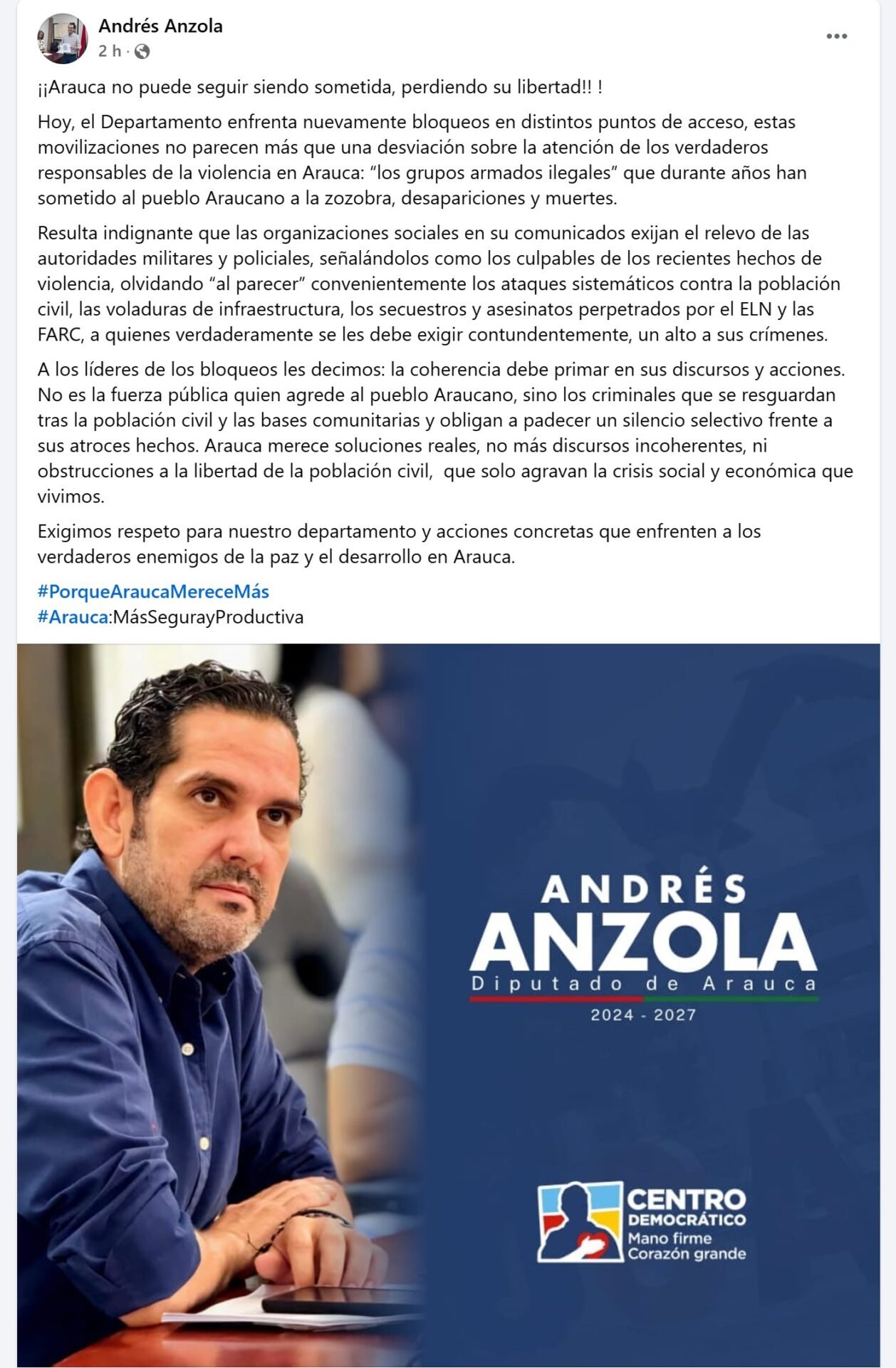 Comunicado Diputado Andres Anzola al aire noticias de arauca