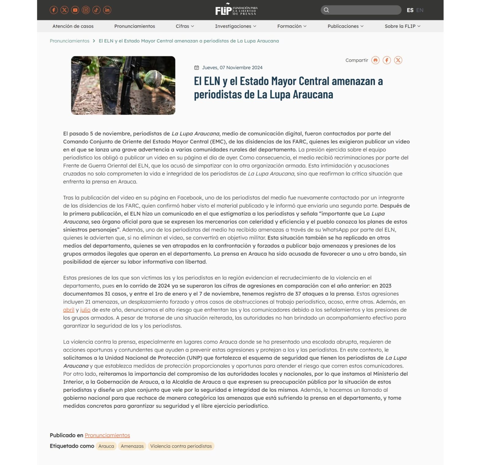 Grupos Armados Ilegales intimidan y amenazan periodistas en Arauca: FLIP 1 noticias de arauca Flip libertad de prensa al aire noticias carlos perez la lupa araucana 1 al aire noticias de arauca