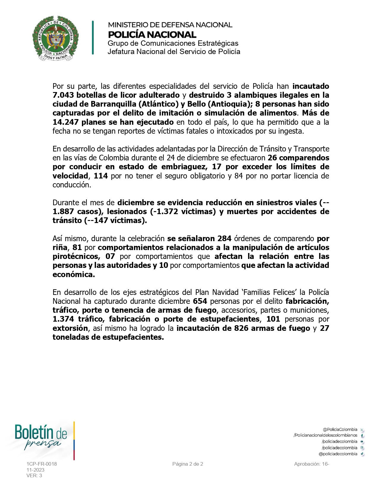 02 Boletin balance policial 24 de diciembre noticias de arauca