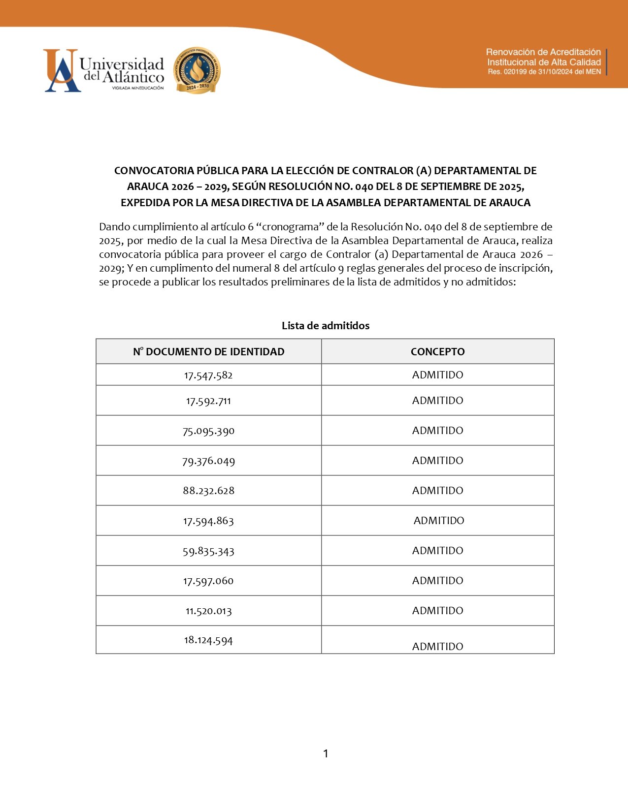 30147 lista preliminar de admitidos y no admitidos contralor arauca 1 page 0001 al aire noticias de arauca