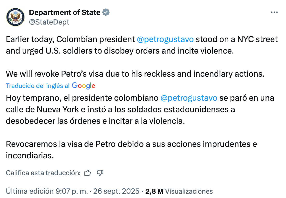 Estados Unidos revoca visa al presidente Gustavo Petro 6 noticias de arauca Captura de pantalla 2025 09 26 a las 11.57.05 p.m al aire noticias de arauca