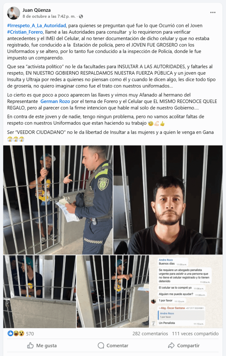 Cristian Forero anunció que denunciará al alcalde Juan Qüenza tras su detención 1 noticias de arauca JUAN QUENZA en Facebook sobre detencion Cristian forero 1 al aire noticias de arauca
