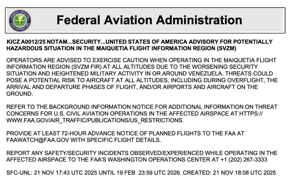 FAA SVZM NOTAM 21 Nov 2025 al aire noticias de arauca