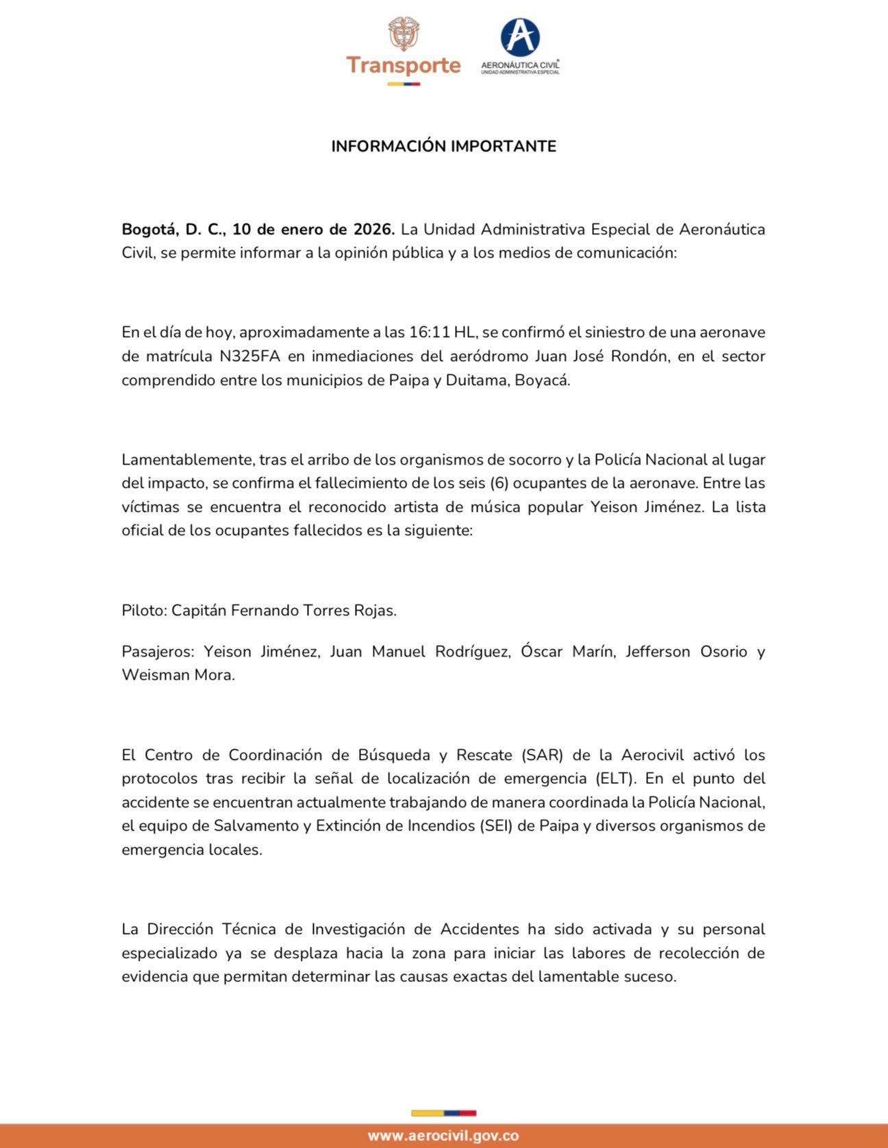 Muere en accidente aéreo el cantante Yeison Jiménez 2 noticias de arauca yeison jimenez muere accidente aereo COMUNICADO AEROCIVIL 01 al aire noticias de arauca