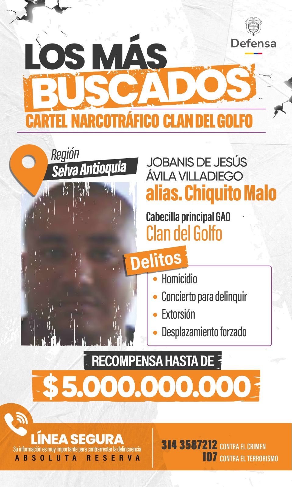 RECOMPENSA LOS MAS BUSCADOS alias Chiquito Malo Clan del Golfo al aire noticias de arauca